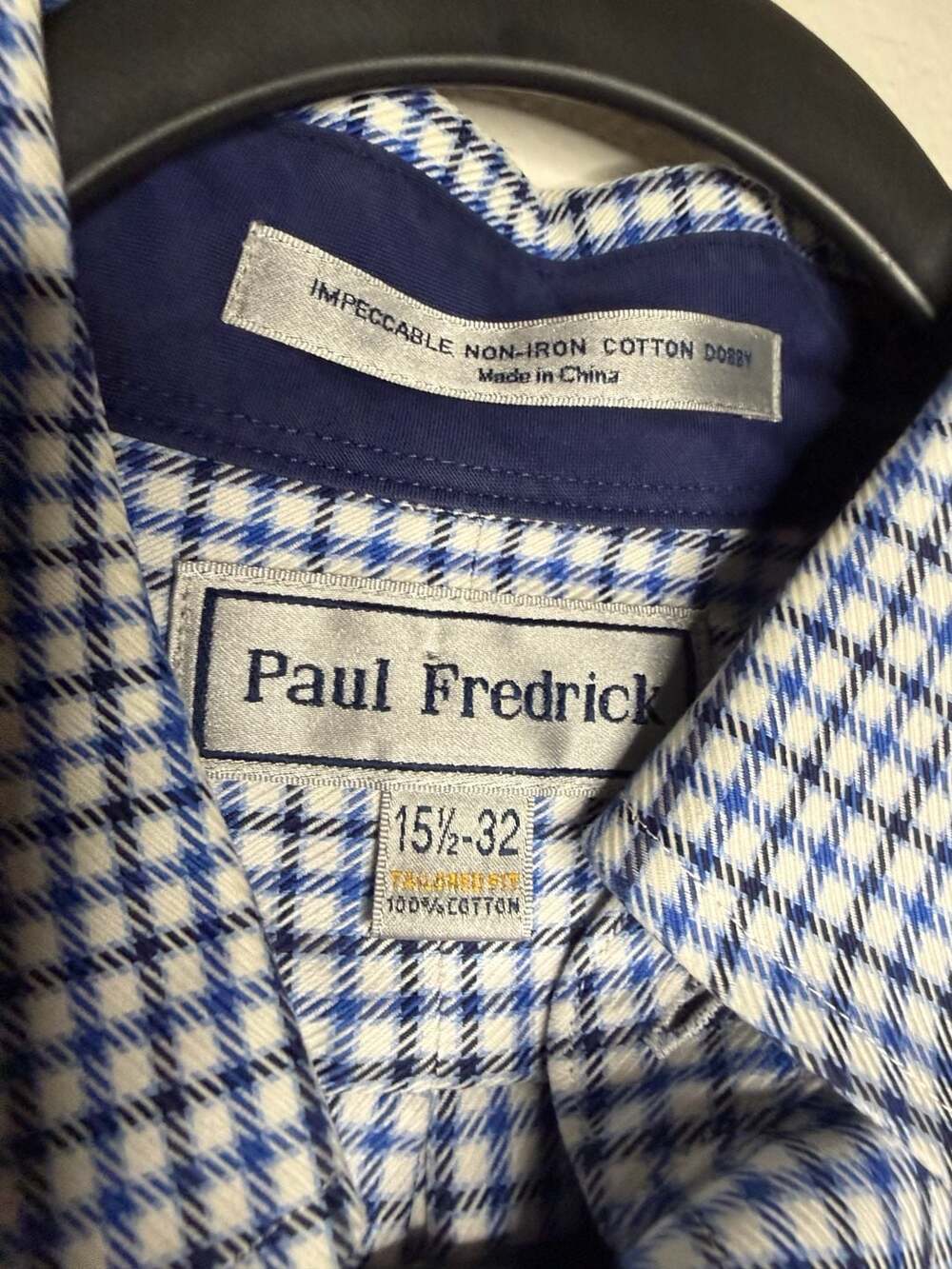 Paul Fredrick Blue and White Plaid Check Long Sleeve Button Down Shirt 15.5-32